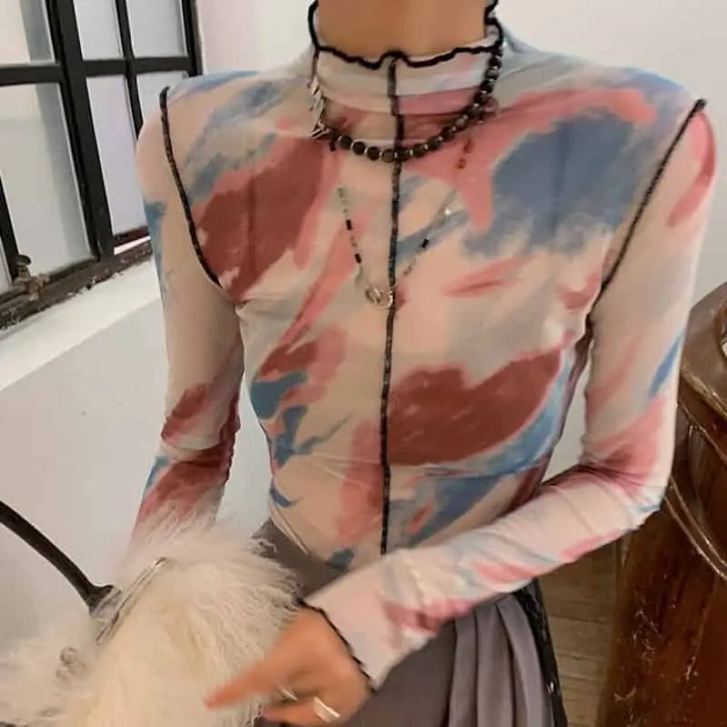 Floral Mesh Translucent Blouse Long Sleeve Top White
