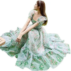 Floral Midi Puff Sleeve Dress with A Line Silhouette