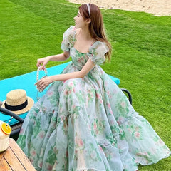 Floral Midi Puff Sleeve Dress with A Line Silhouette