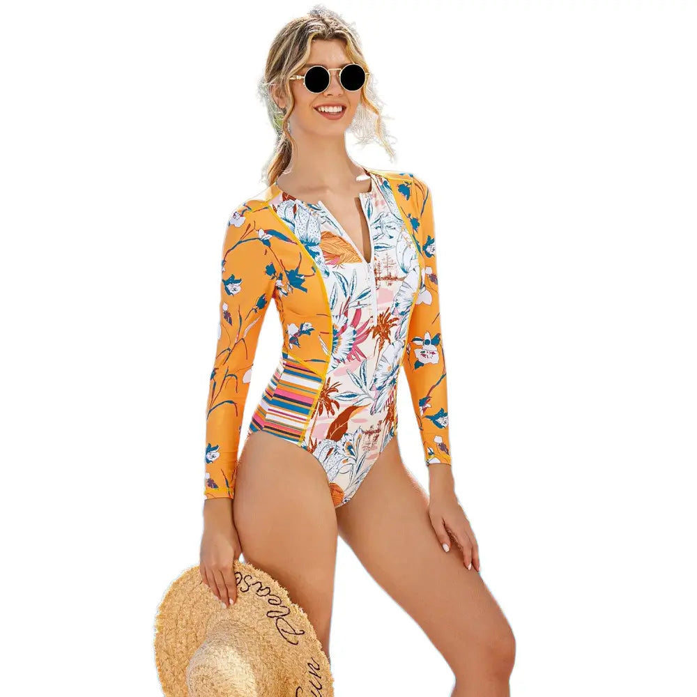 Floral Orange Swimwear With Zipper - S - Swimsuits