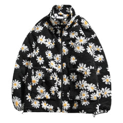 Aesthetic Floral Pattern O Neck Zip Jacket - Black / M