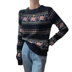 Floral Pattern Long Sleeve O Neck Slim Sweater