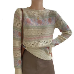 Floral Pattern Long Sleeve O Neck Slim Sweater