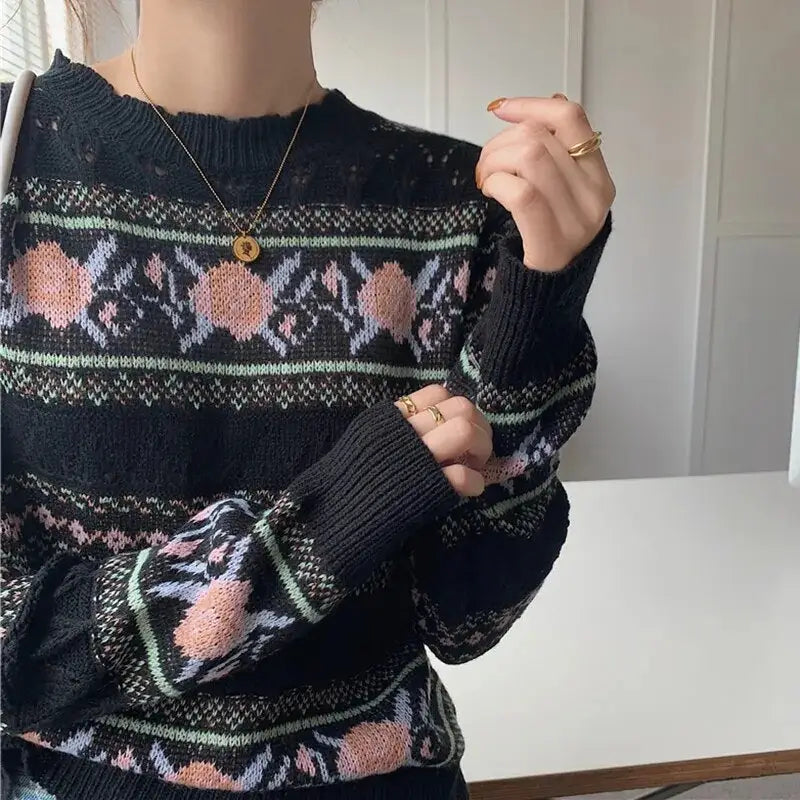 Floral Pattern Long Sleeve O Neck Slim Sweater