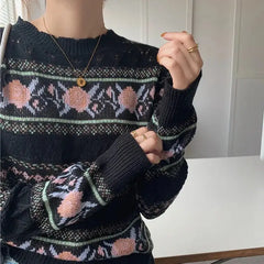 Floral Pattern Long Sleeve O Neck Slim Sweater