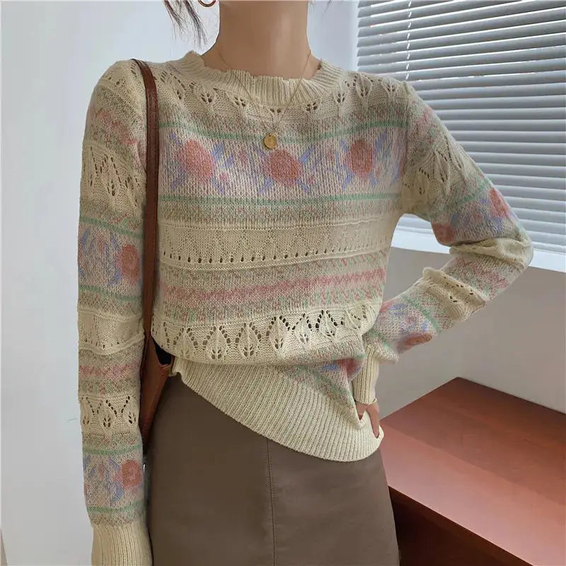 Floral Pattern Long Sleeve O Neck Slim Sweater Beige