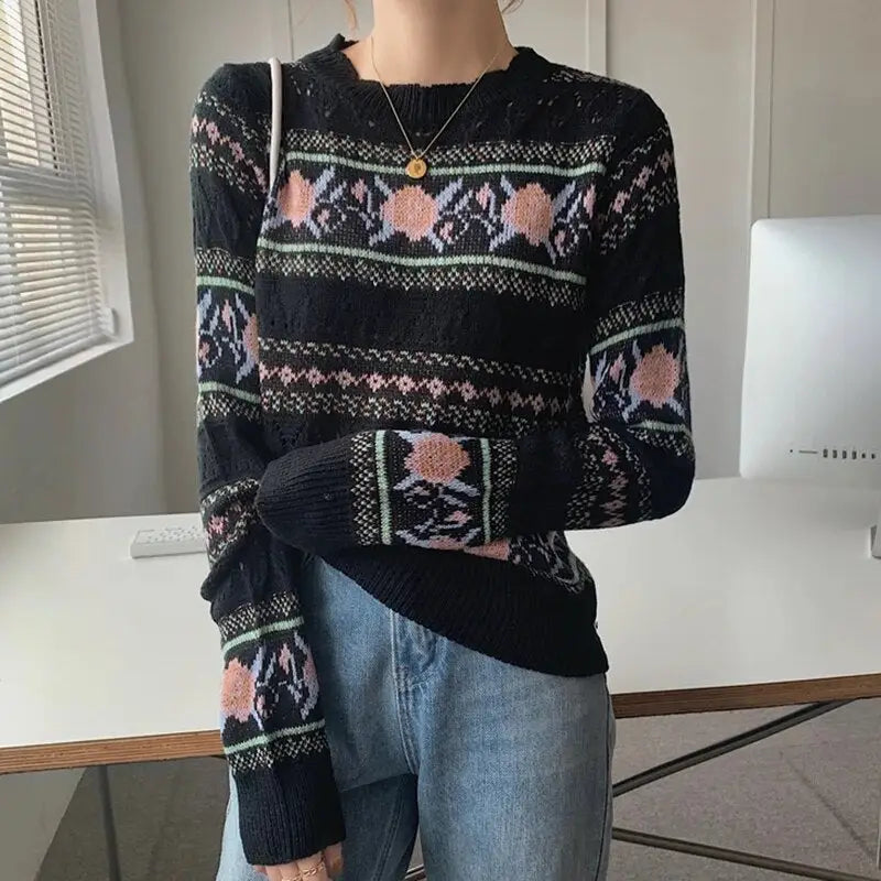 Floral Pattern Long Sleeve O Neck Slim Sweater Black