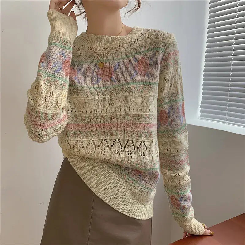 Floral Pattern Long Sleeve O Neck Sweater