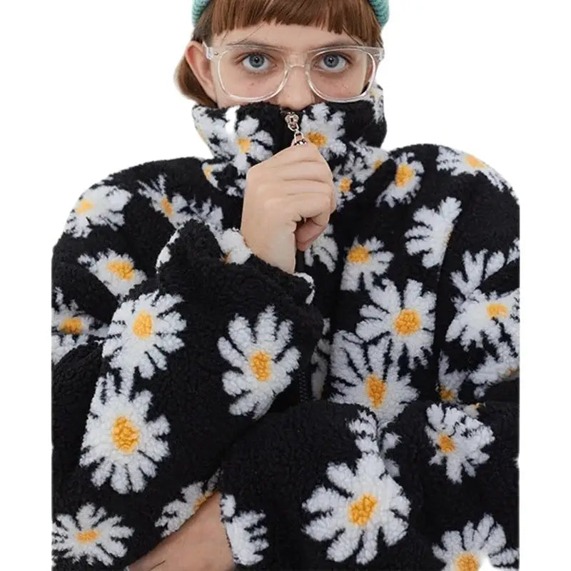 Floral Pattern O Neck Zip Jacket