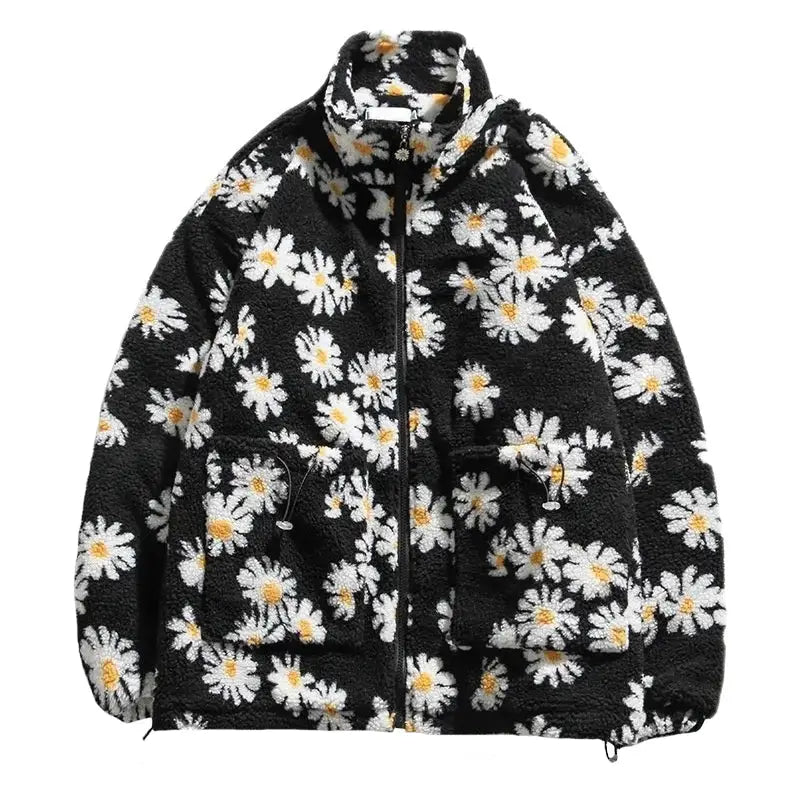 Floral Pattern O Neck Zip Jacket Black / M