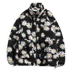 Floral Pattern O Neck Zip Jacket Black / M