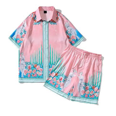 Floral Pink Shirt and Shorts Set Polyester Turn Down Collar