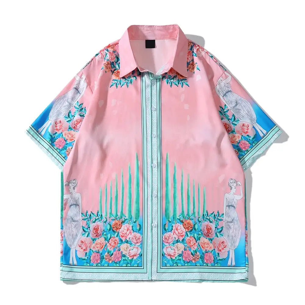 Floral Pink Shirt and Shorts Set Polyester Turn Down Collar
