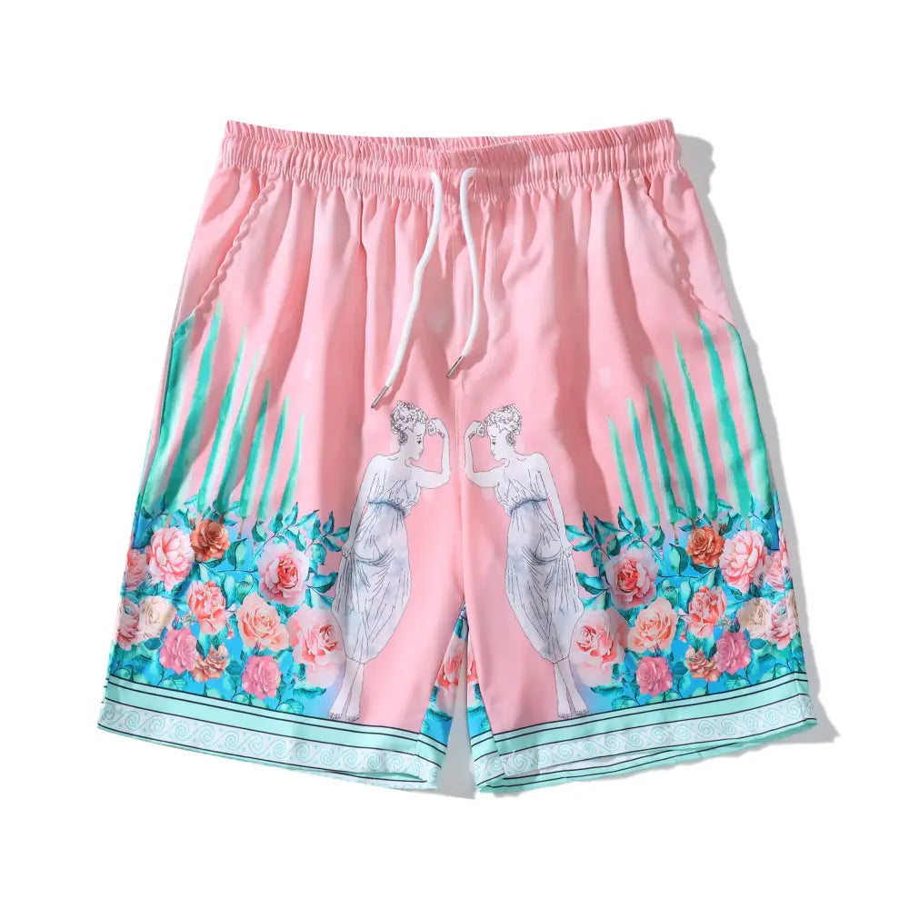 Floral Pink Shirt and Shorts Set Polyester Turn Down Collar