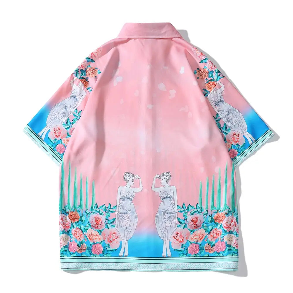 Floral Pink Shirt and Shorts Set Polyester Turn Down Collar