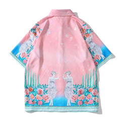Floral Pink Shirt and Shorts Set Polyester Turn Down Collar