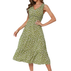 Floral Print High Waist V-Neck Chiffon Dress - Green / S