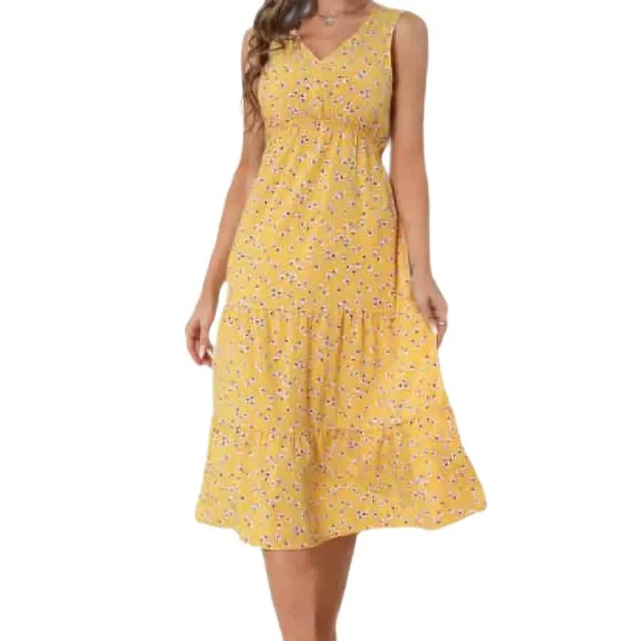 Floral Print High Waist V-Neck Chiffon Dress - Yellow / S