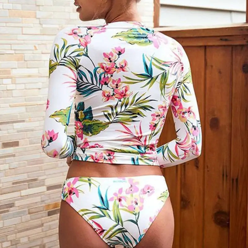 Floral Print Long Sleeve Two Pieces Bikini - Swimsuit