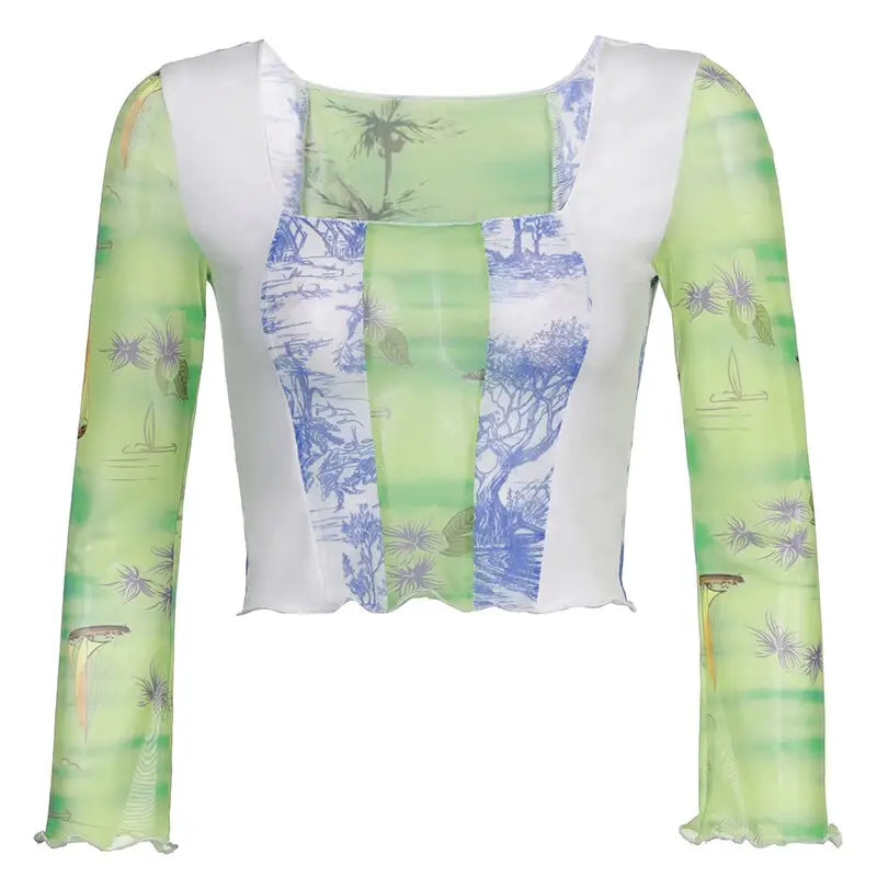 Floral Print Mesh Transparent Crop Top with Square Collar