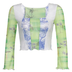 Floral Print Mesh Transparent Crop Top with Square Collar