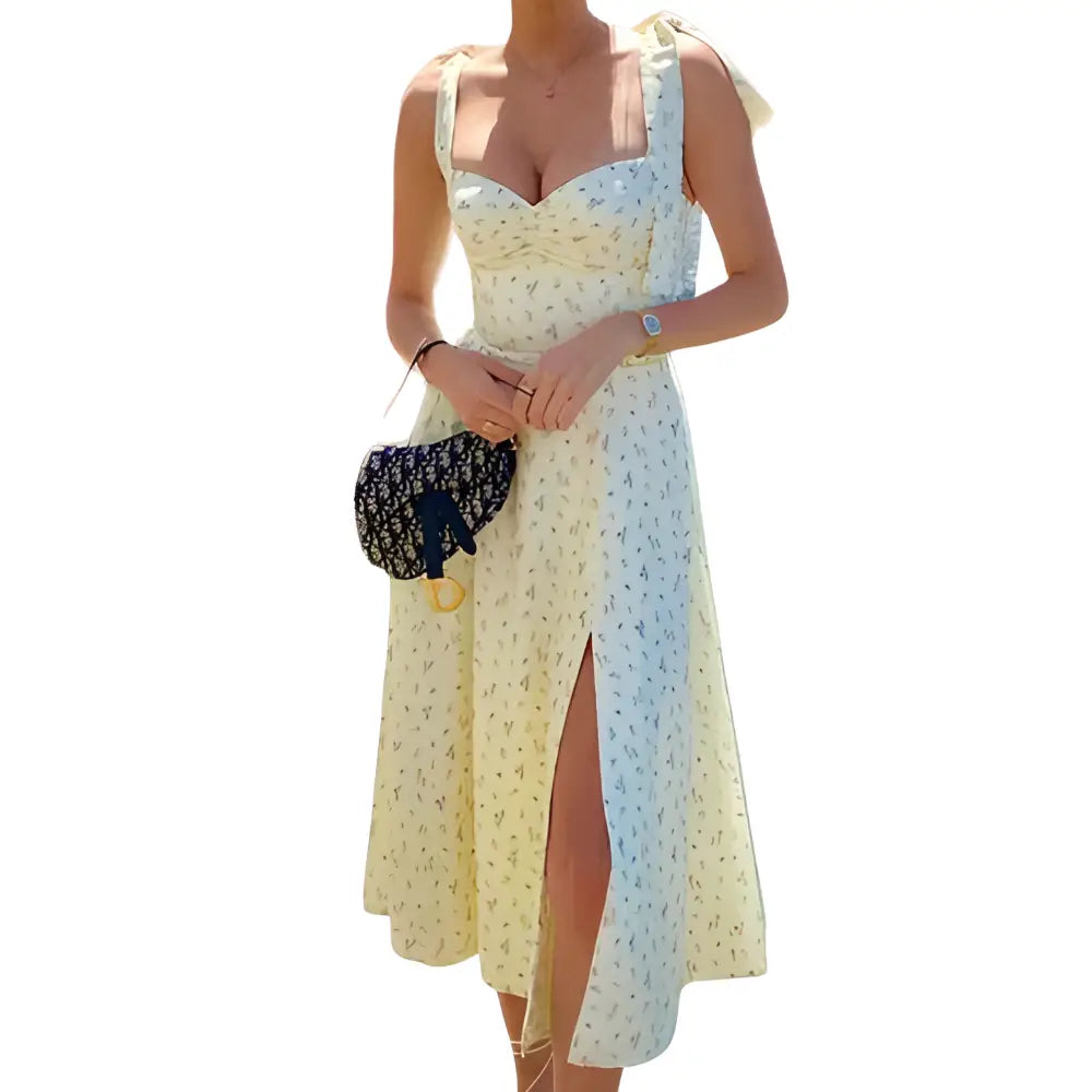 Floral Print Spaghetti Strap Backless V Neck Dress Beige / S