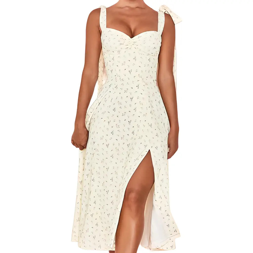 Floral Print Spaghetti Strap Backless V Neck Dress White / S