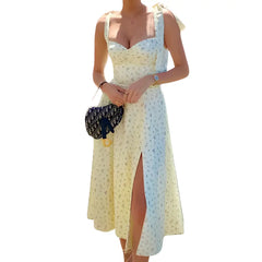 Floral Print Spaghetti Strap Split V-neck Backless Robe Femme Dress