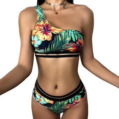 Floral Printed High Waist One Shoulder Two-Pieces Swimsuit