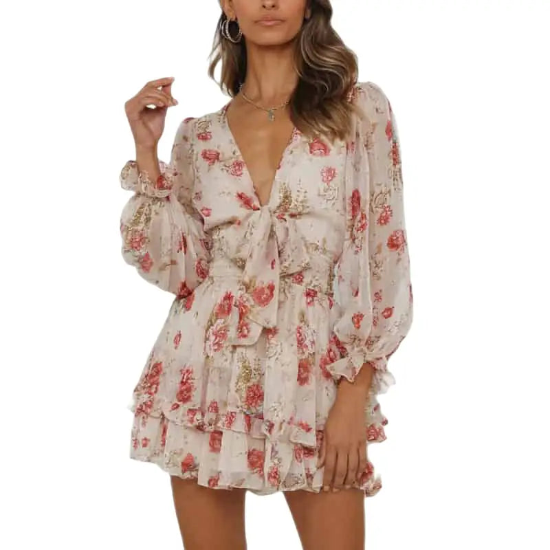 Floral Puff Long Sleeve V Neck Ruffled Dress