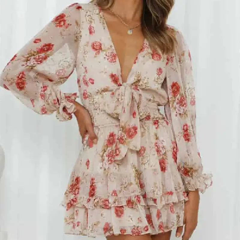 Floral Puff Long Sleeve V Neck Ruffled Dress - Beige / S