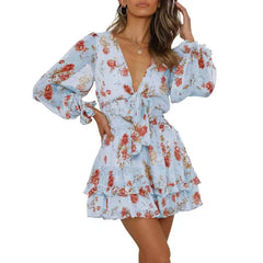 Floral Puff Long Sleeve V Neck Ruffled Dress - Blue / S
