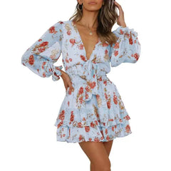 Floral Puff Long Sleeve V Neck Ruffled Dress