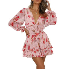 Floral Puff Long Sleeve V Neck Ruffled Dress - Pink / S