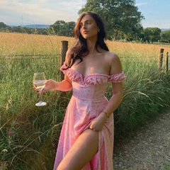 Floral Ruched High Split Long Dress