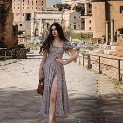 Floral Ruched High Split Long Dress