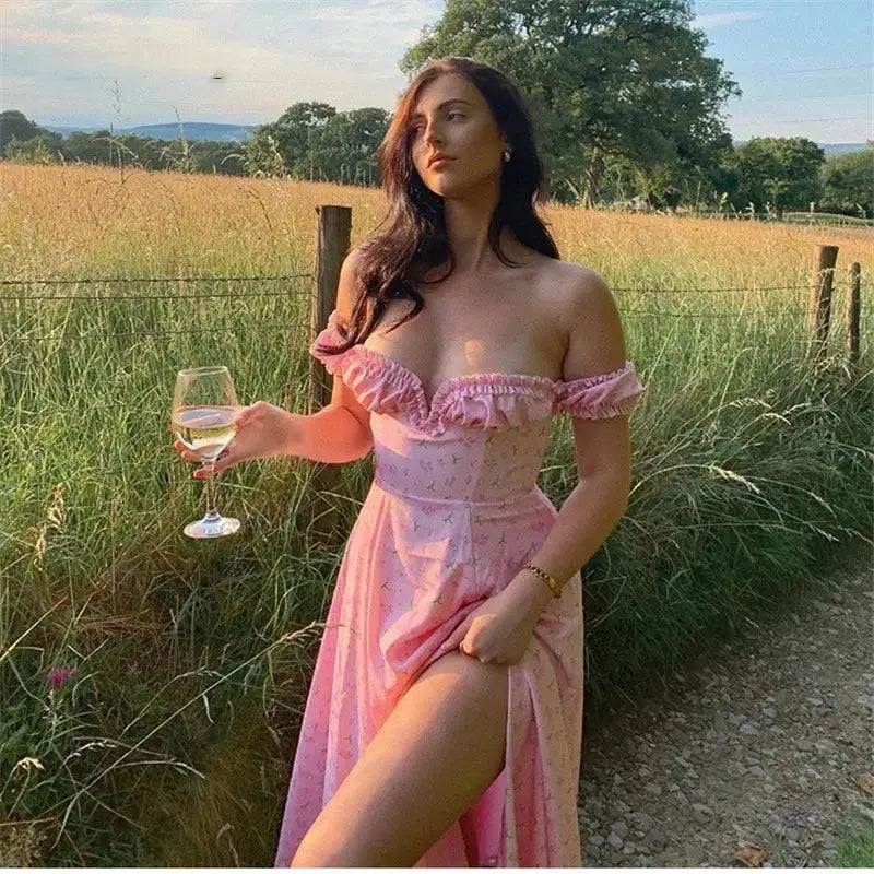 Floral Ruched High Split Long Dress