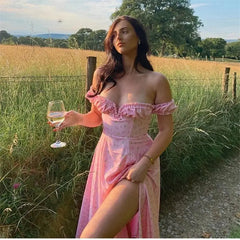 Floral Ruched High Split Long Dress