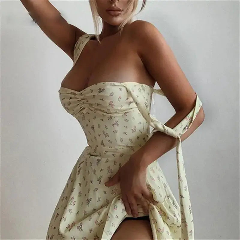 Floral Ruched High Split Long Dress