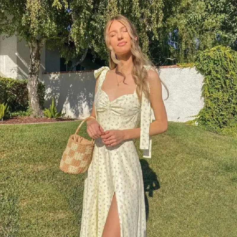 Floral Ruched High Split Long Dress