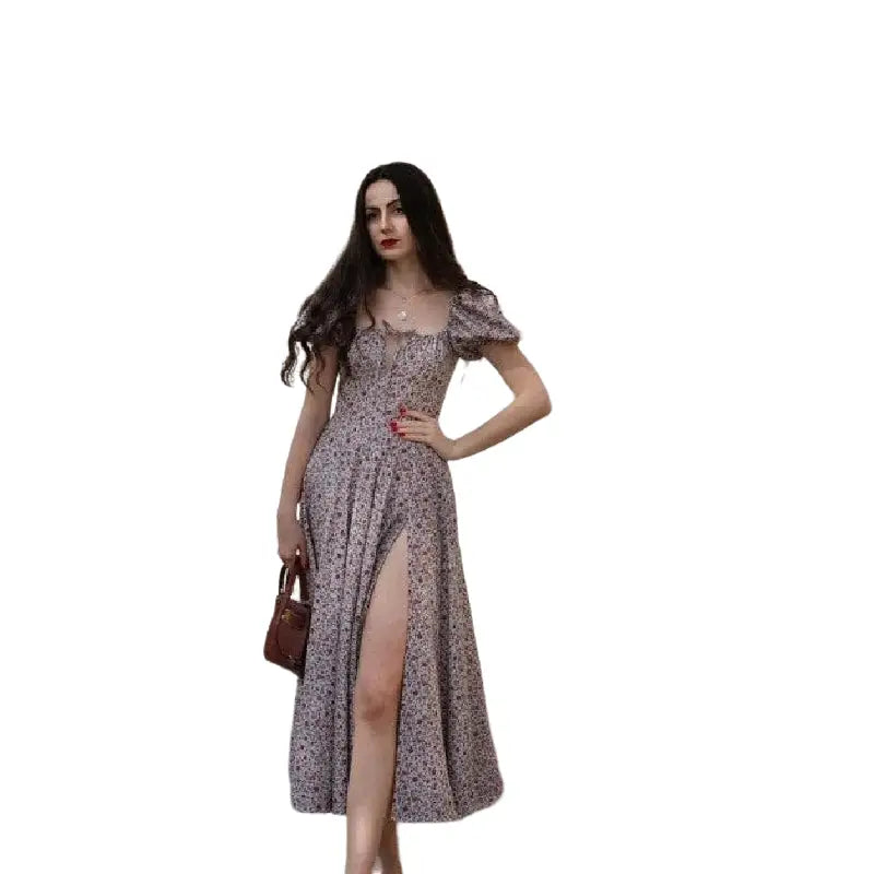 Floral Ruched High Split Long Dress Grey / S