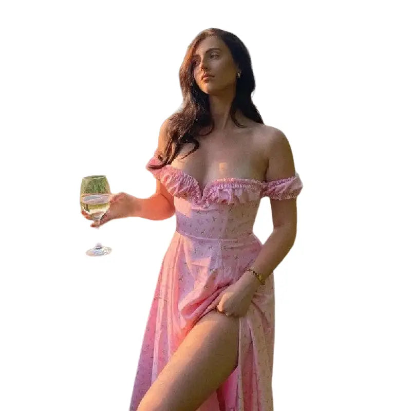 Floral Ruched High Split Long Dress Pink / S