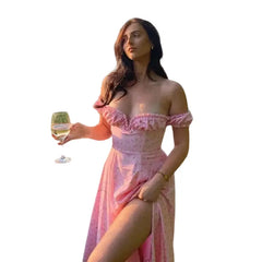 Floral Ruched High Split Long Dress Pink / S