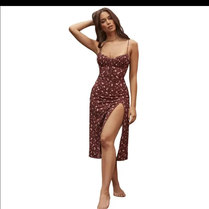 Floral Ruched High Split Long Dress Red / S