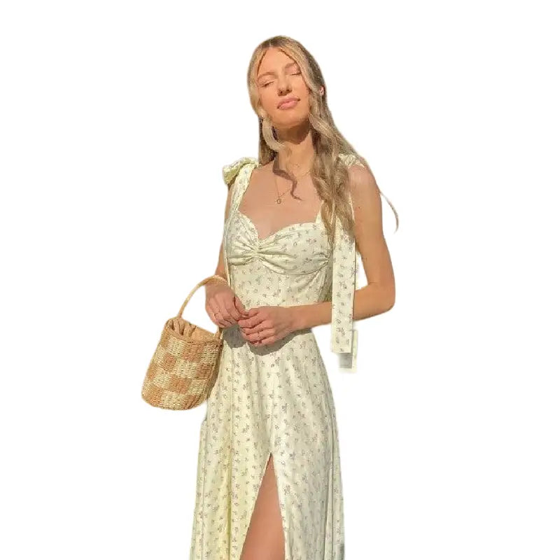 Floral Ruched High Split Long Dress Yellow / S