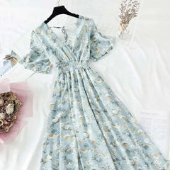 Floral Ruffled Short-sleeved Chiffon V-neck Dress - Blue / S