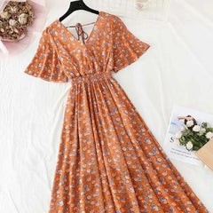 Floral Ruffled Short-sleeved Chiffon V-neck Dress - Orange