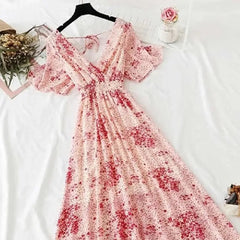 Floral Ruffled Short-sleeved Chiffon V-neck Dress - Pink / S