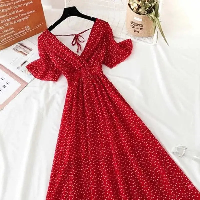 Floral Ruffled Short-sleeved Chiffon V-neck Dress - Red. / S