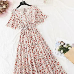 Floral Ruffled Short-sleeved Chiffon V-neck Dress - Red / S